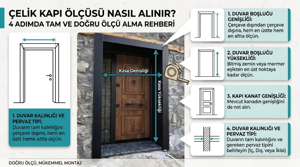 Çelik kapı ölçüsü nasıl alınır — 4 adımda duvar boşluğu, yükseklik, kanat ve duvar kalınlığı ölçüm rehberi