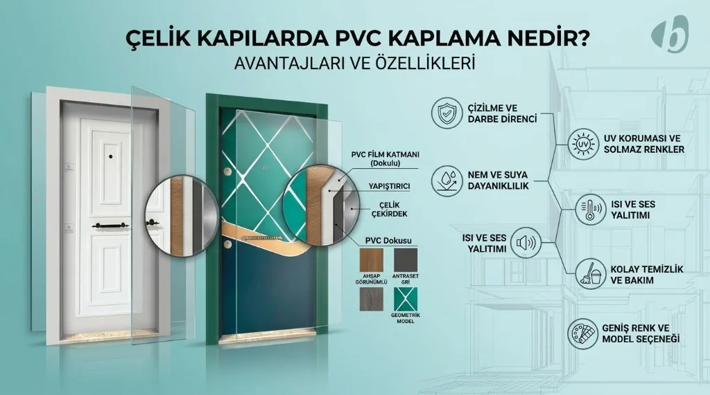 PVC kaplama katmanları: dokulu PVC film, yapıştırıcı ve çelik çekirdek; ahşap, antrasit ve geometrik doku örnekleri