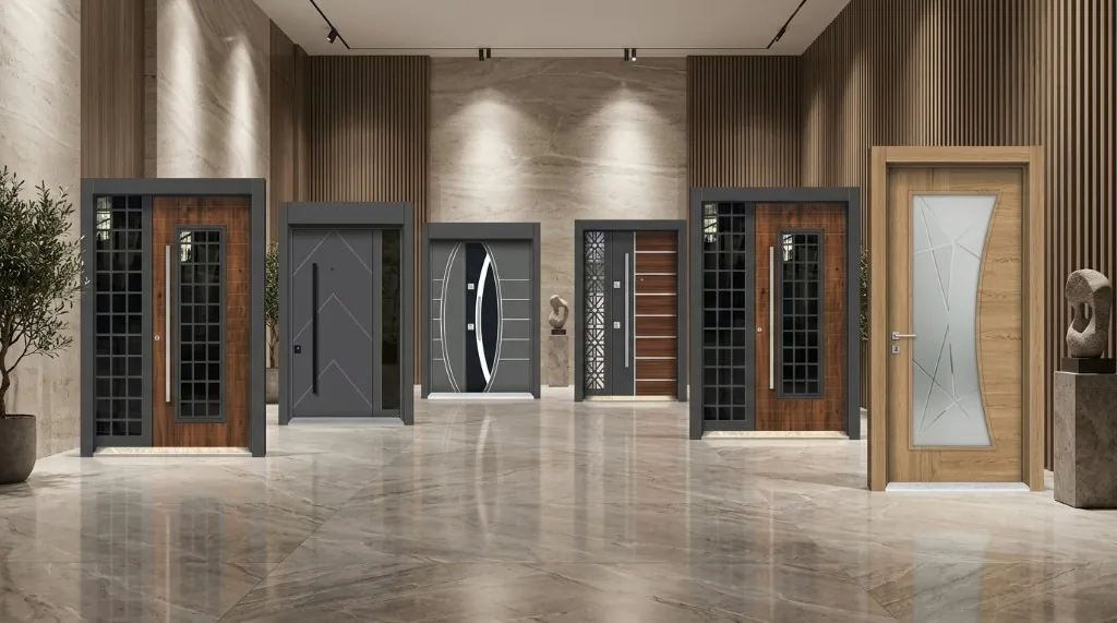 Showroomda sergilenen çift kanatlı giriş kapıları — laminoks, lazer model, pencereli ve yan panel seçenekleri