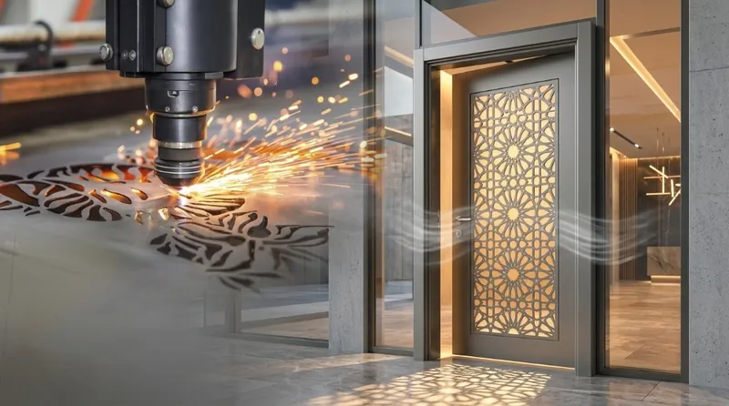Lazer kesim üretimi ve montajlı lazer model çelik kapı — hava sirkülasyonu ve geometrik desen