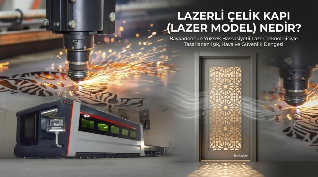 Baykadoor lazer kesim makinesi ve geometrik desenli lazer model çelik kapı — ışık geçişi ve hava sirkülasyonu