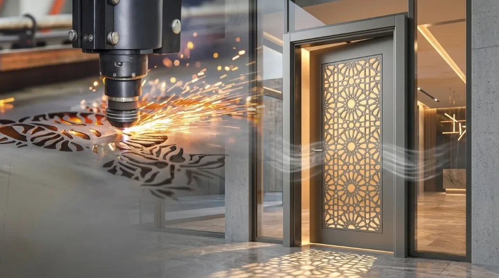 Lazer kesim aşaması ve montajlı lazer model kapı — geometrik desenli yüzeyden hava sirkülasyonu