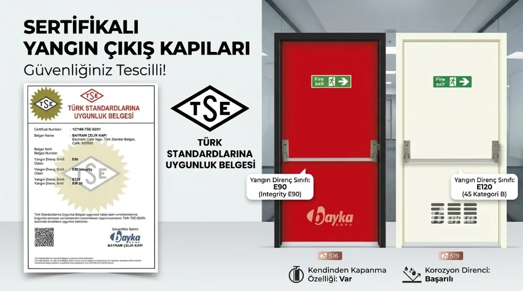 Sertifikalı yangın çıkış kapıları — TSE uygunluk belgesi, E90 ve EI120 yangın direnç sınıfları, kendinden kapanma ve korozyon direnci